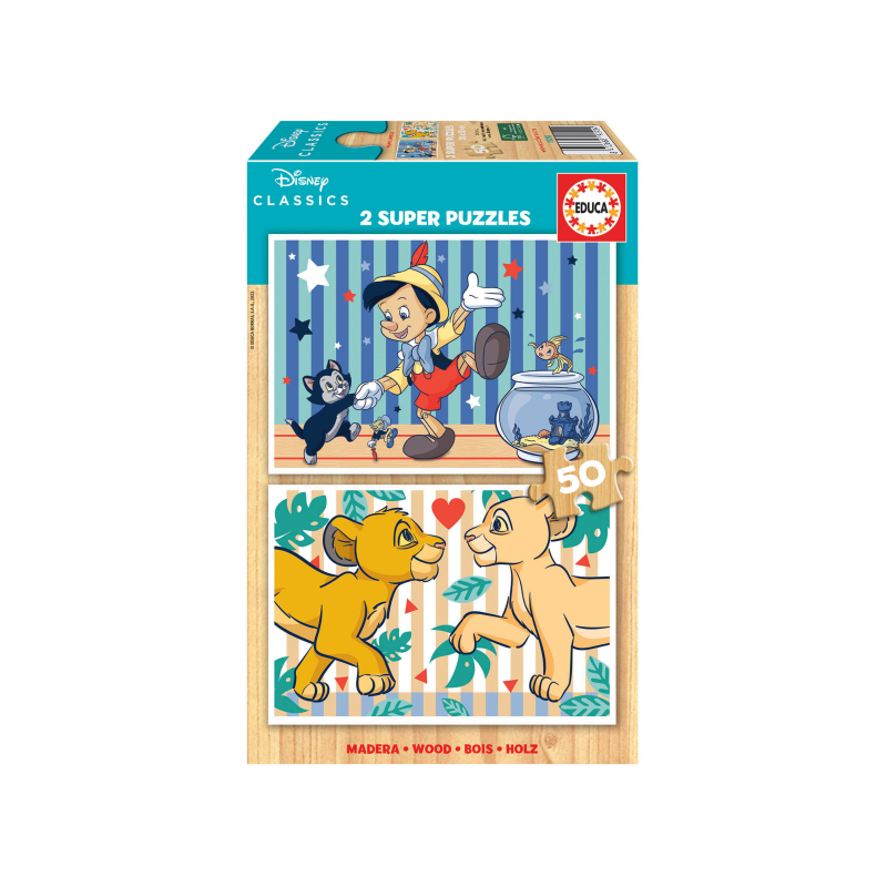 PUZZLE MADERA 2X50 PIEZAS DISNEY CLASSICS PINOCHO + REY LEON