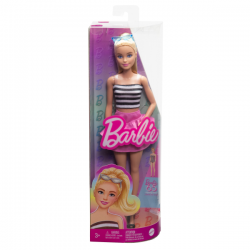 Barbie muñeca rubia con top rayas y falda rosa fashionistas