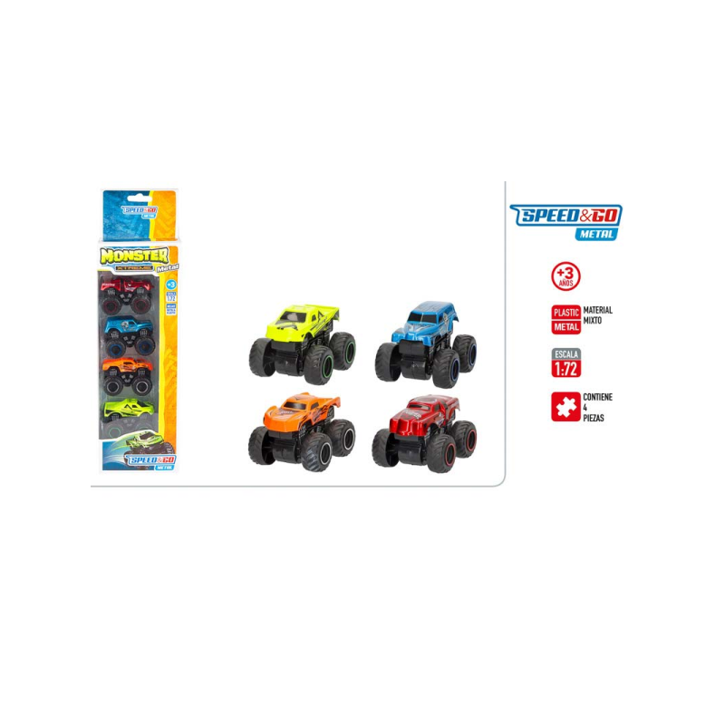 MONSTER SET 4 VEHICULOS METAL TODOTERRENO SPEED AND GO