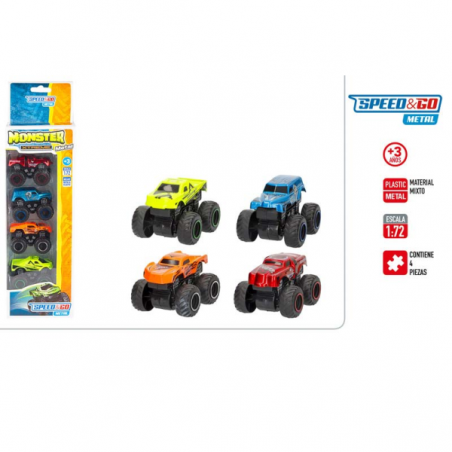 MONSTER SET 4 VEHICULOS METAL TODOTERRENO SPEED AND GO