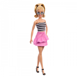 BARBIE MUÑECA RUBIA CON TOP RAYAS Y FALDA ROSA FASHIONISTAS