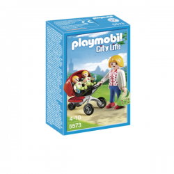 Cochecito gemelar. Incluye 2 bebés, mamá, bolso y 2 sonajeros. Los playmobil se mantienen en pie con